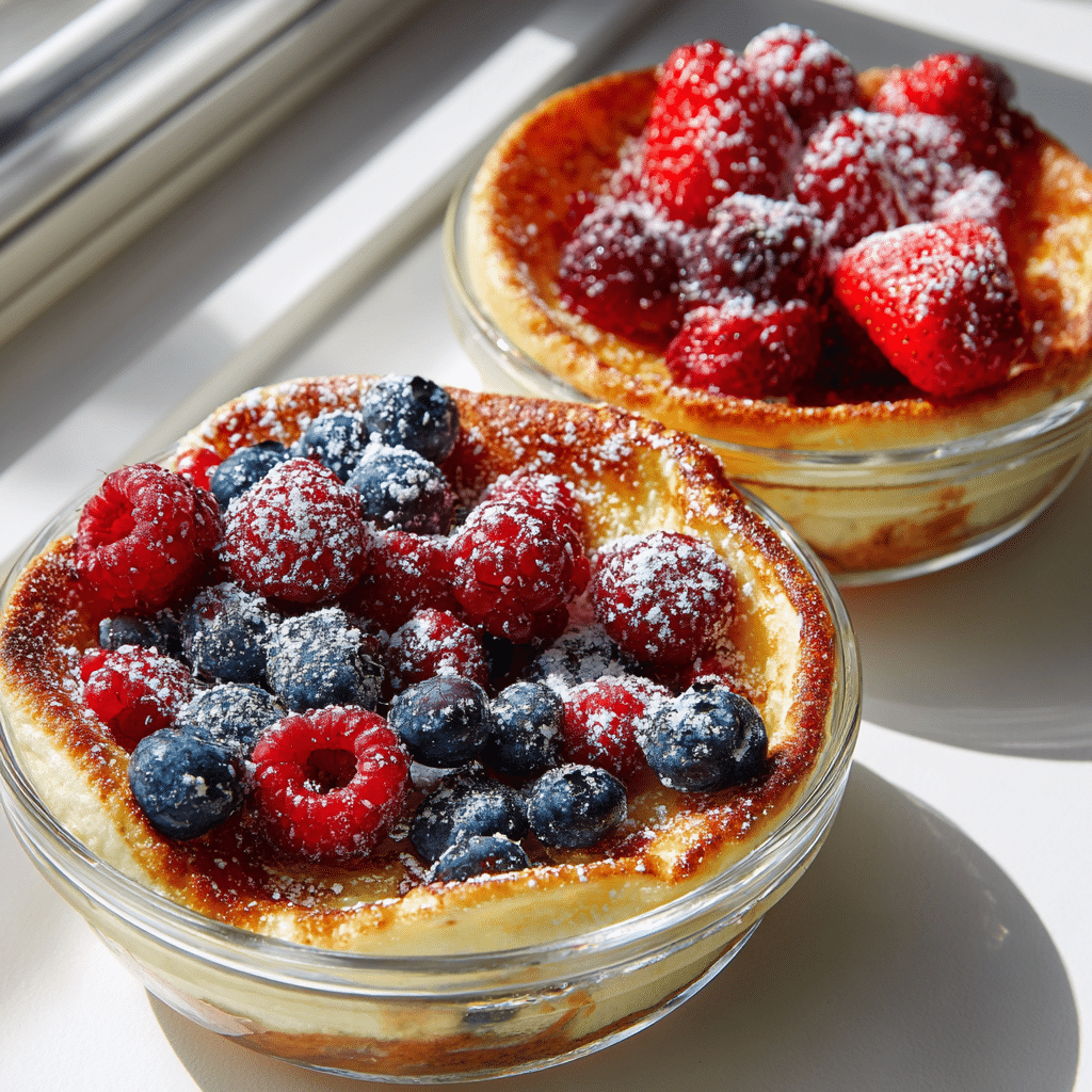 Close-up of baked protein pancake bowls topped with berries and powdered sugar — fluffy, healthy, and meal-prep ready.