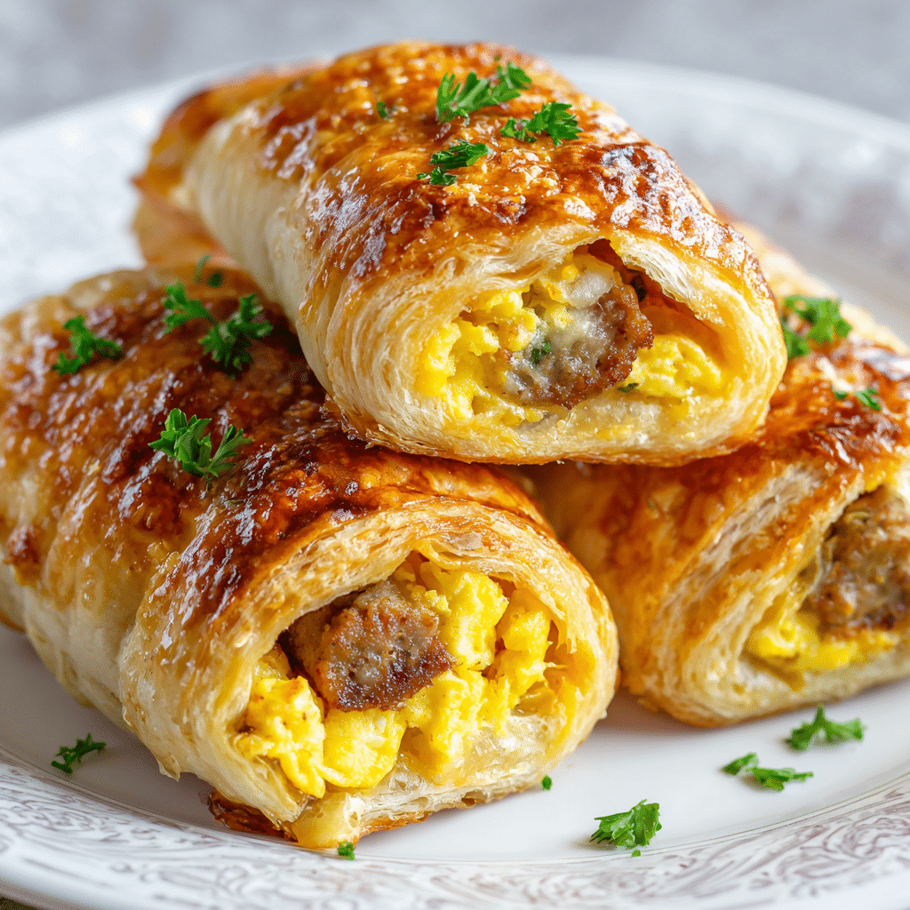 Close-up of golden sausage egg breakfast rolls topped with herbs — flaky pastry filled with fluffy eggs and savory sausage.