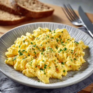 Close-up of fluffy scrambled eggs topped with herbs on a white plate — golden, creamy, and perfectly cooked.