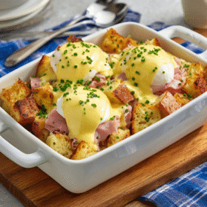 Close-up of golden Eggs Benedict casserole with poached eggs, ham, and hollandaise sauce — a creamy, shareable brunch bake.