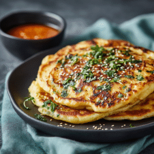 Close-up of Masoor Dal Chilla stacked on a black plate with herbs and sauce — golden, crispy, and full of Indian flavor.