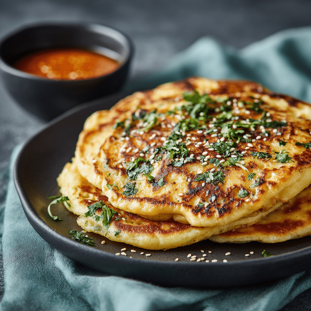 Close-up of Masoor Dal Chilla stacked on a black plate with herbs and sauce — golden, crispy, and full of Indian flavor.