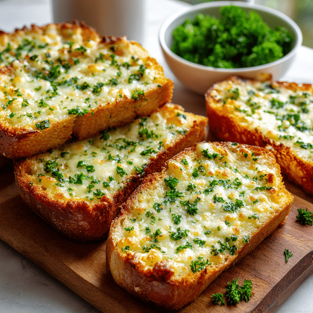 Close-up of cheesy garlic bread slices topped with parsley — golden, bubbly, and baked to perfection.