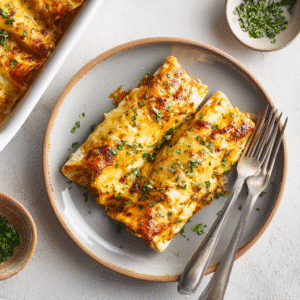 Close-up of cheesy breakfast enchiladas on a plate, topped with herbs — golden, baked, and perfect for a crowd.