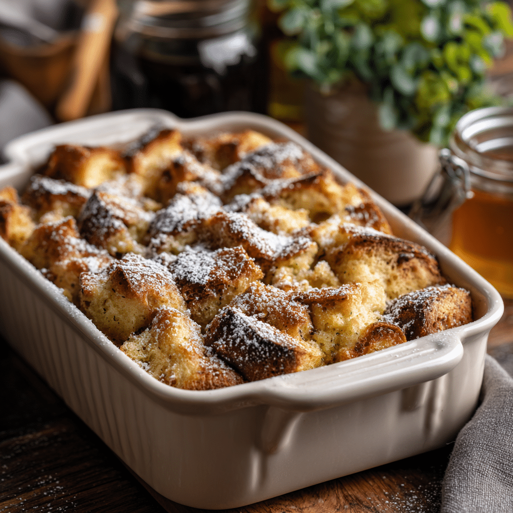 Close-up of golden baked French toast casserole topped with powdered sugar — crisp, sweet, and perfectly baked.
