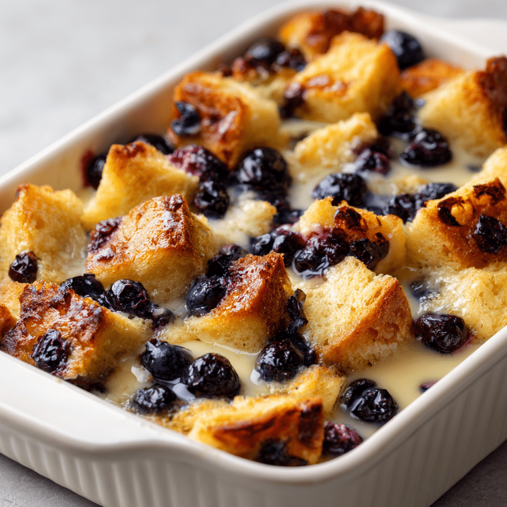 Close-up of blueberry French toast casserole with golden bread cubes and fresh blueberries — sweet, baked, and comforting.
