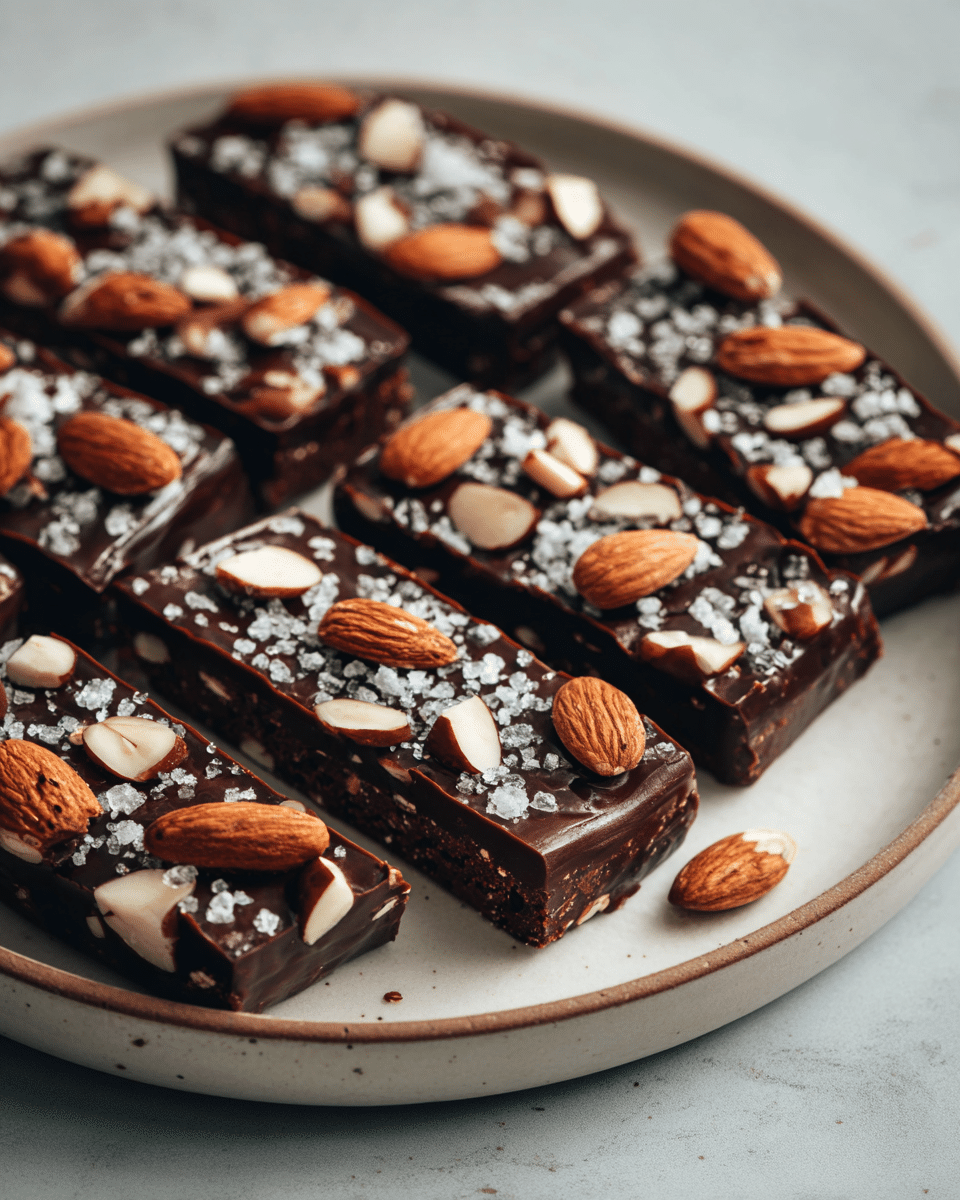 Close-up of dark chocolate nut bars topped with almonds and sea salt — glossy, crunchy, and perfectly balanced.